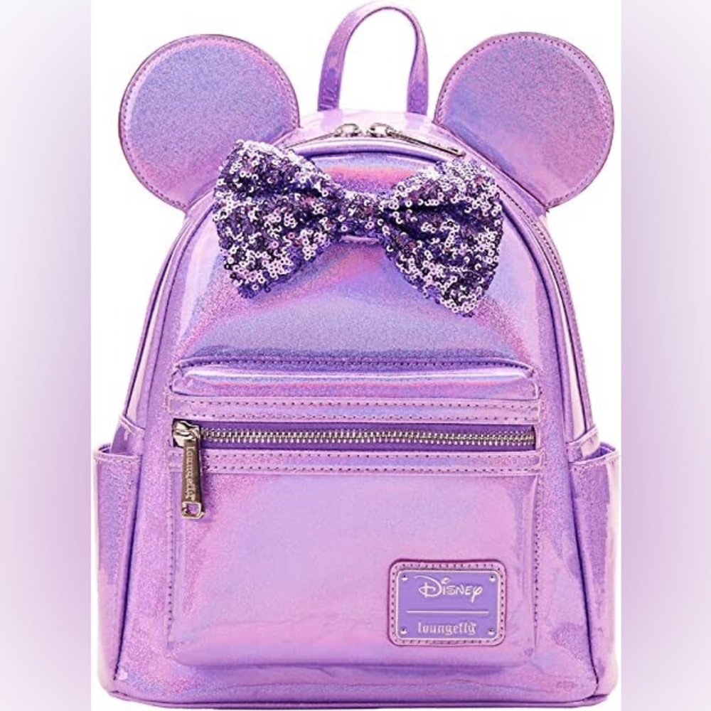 Loungefly Disney Minnie Mouse Purple Holographic + Sequin Bow Mini Backpack